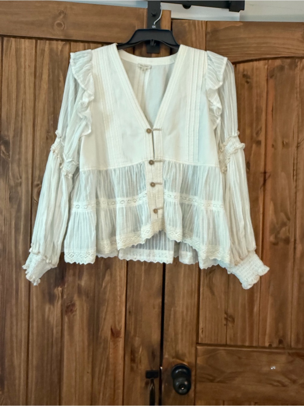 Pilcro Cream Lace-Trim Button Cardigan Blouse